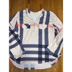 Moyabo Women Large Blue Pink Striped‎ 3/4 Zip Tunic Long Sleeves Blouse Top